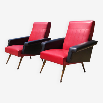 Paire de fauteuils vintage simili-cuir rouge et noir 1960s