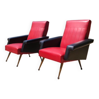 Pair of vintage red and black faux leather armchairs 1960s