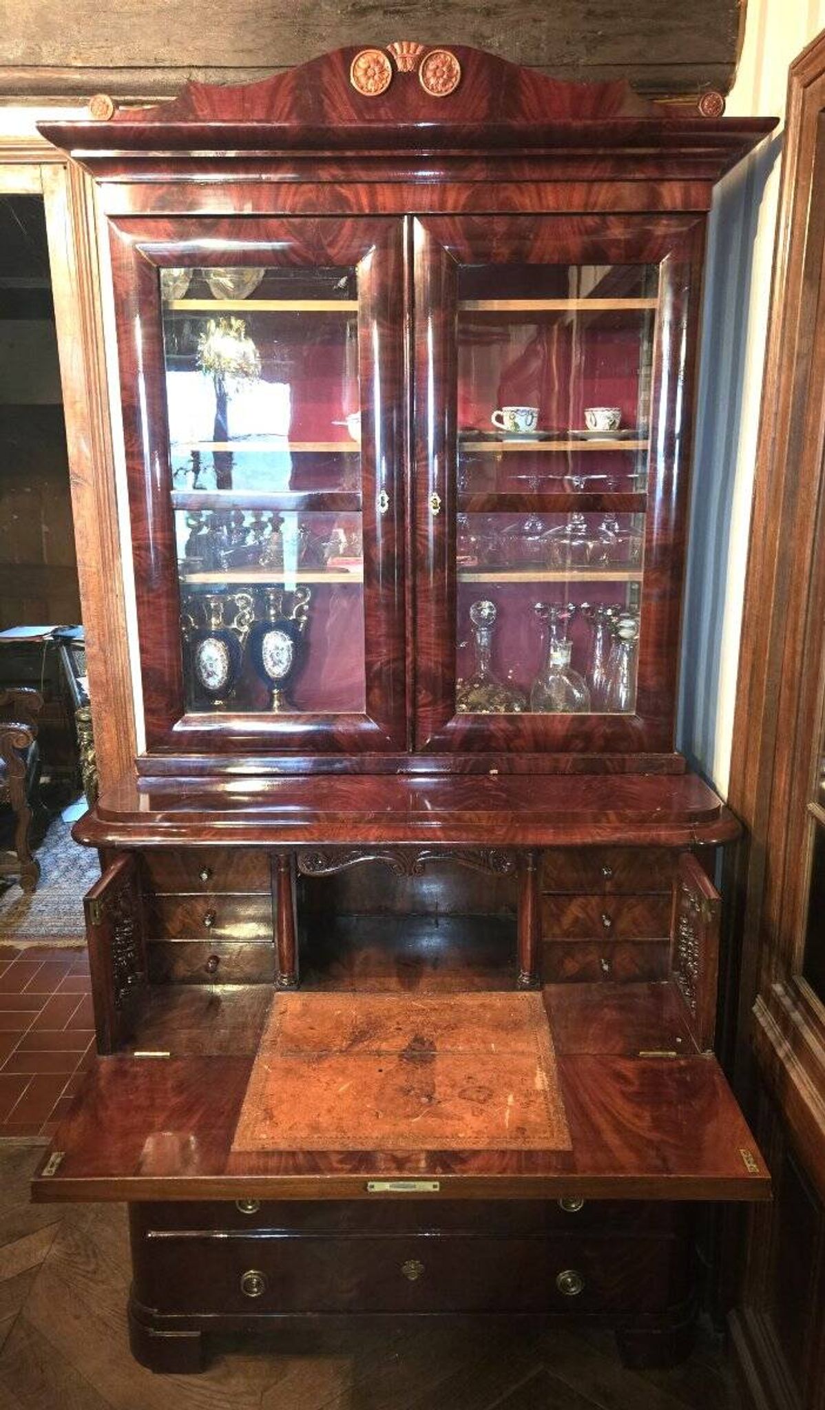 English mahogany library chest of drawers, in Empire or Restoration style.