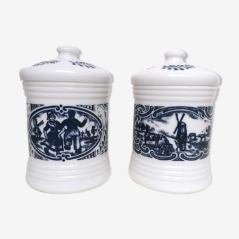 Pair of white and blue opaline apothecary pots