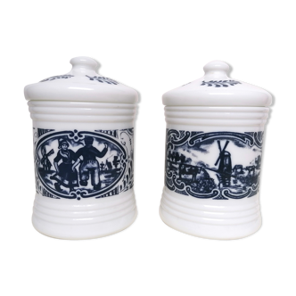 Pair of white and blue opaline apothecary pots