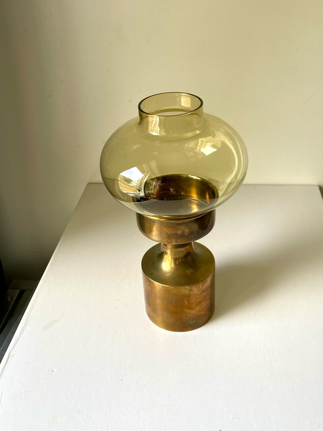 Danish design 1960 hurricane candleholder in brass and amber colored glass
