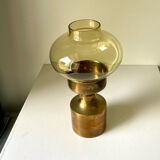 Danish design 1960 hurricane candleholder in brass and amber colored glass