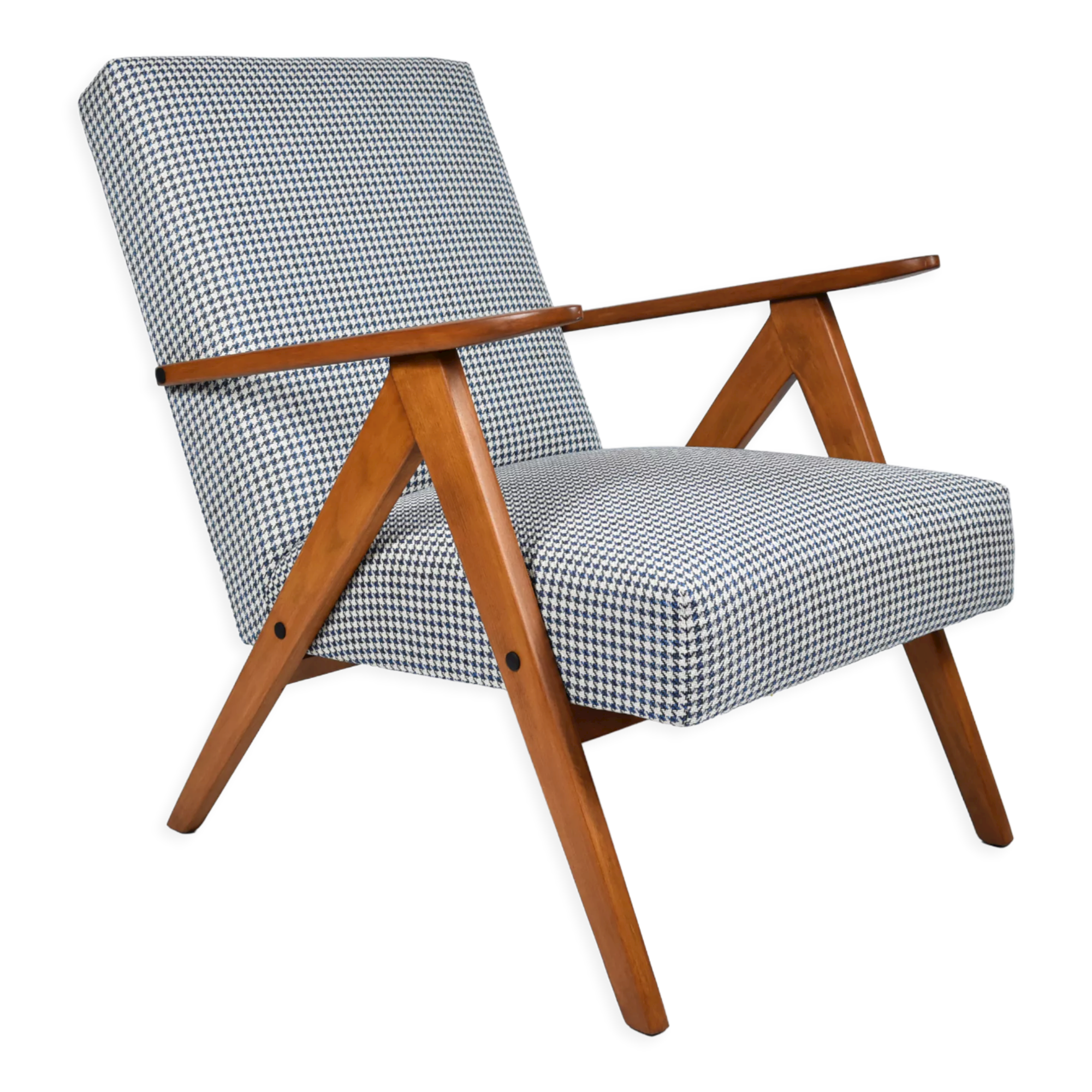 Fauteuil vintage original années 1960, totalement restauré, pied de poule