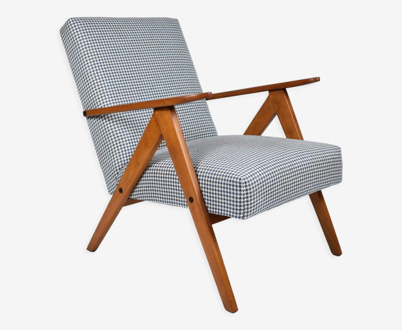 Fauteuil vintage original années 1960, totalement restauré, pied de poule