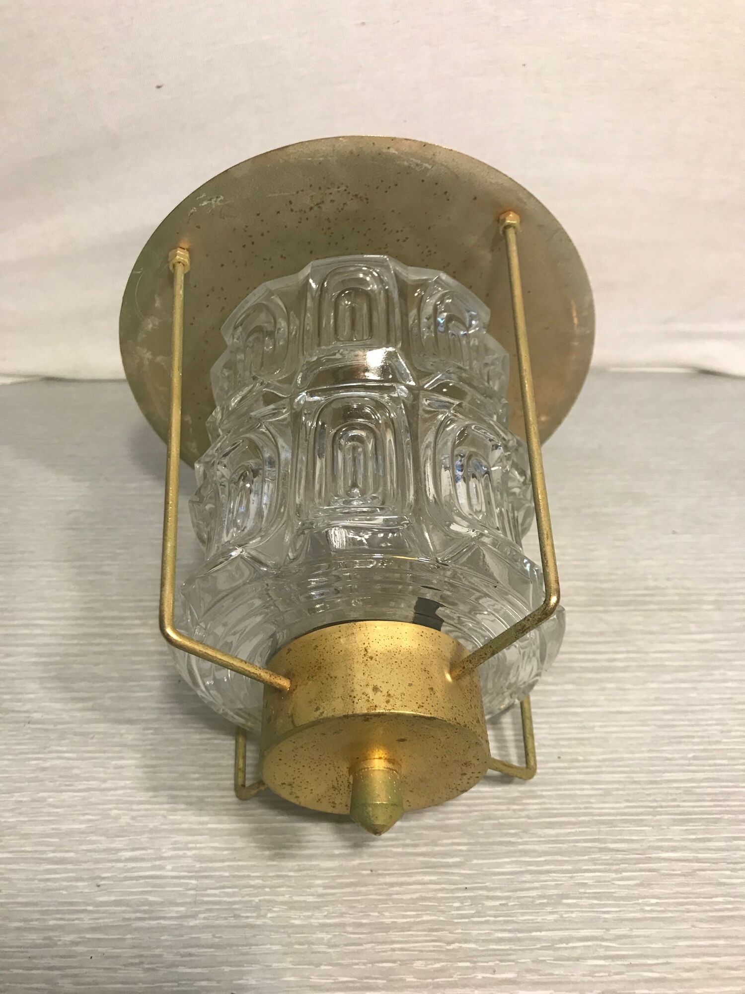 Old Lantern Golden Metal hanging Glass Molded Vintage 70years