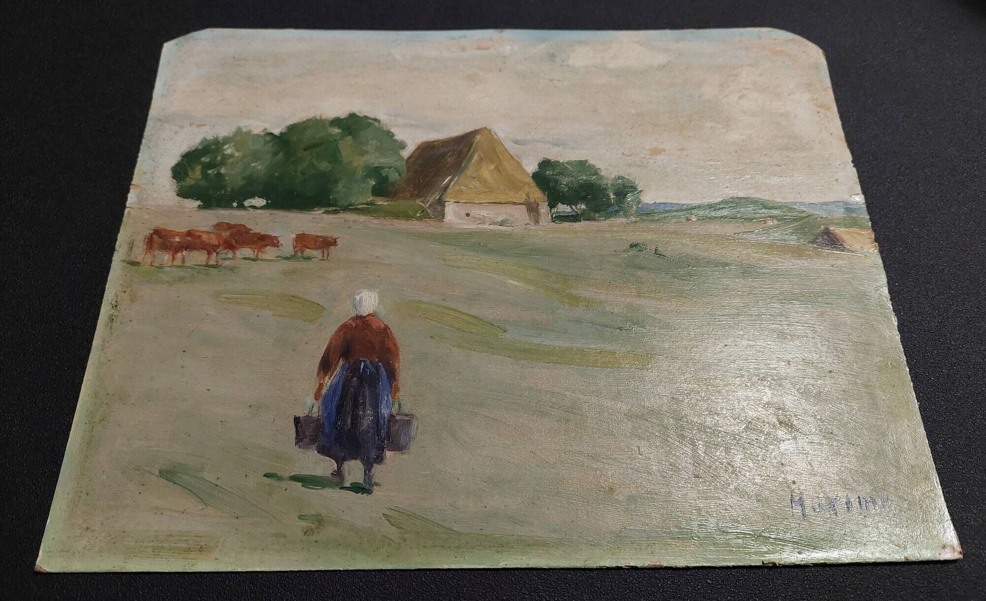 Oil painting on cardboard, rural landscape, early 20th century