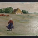 Tableau peinture huile sur carton paysage champêtre début XXème