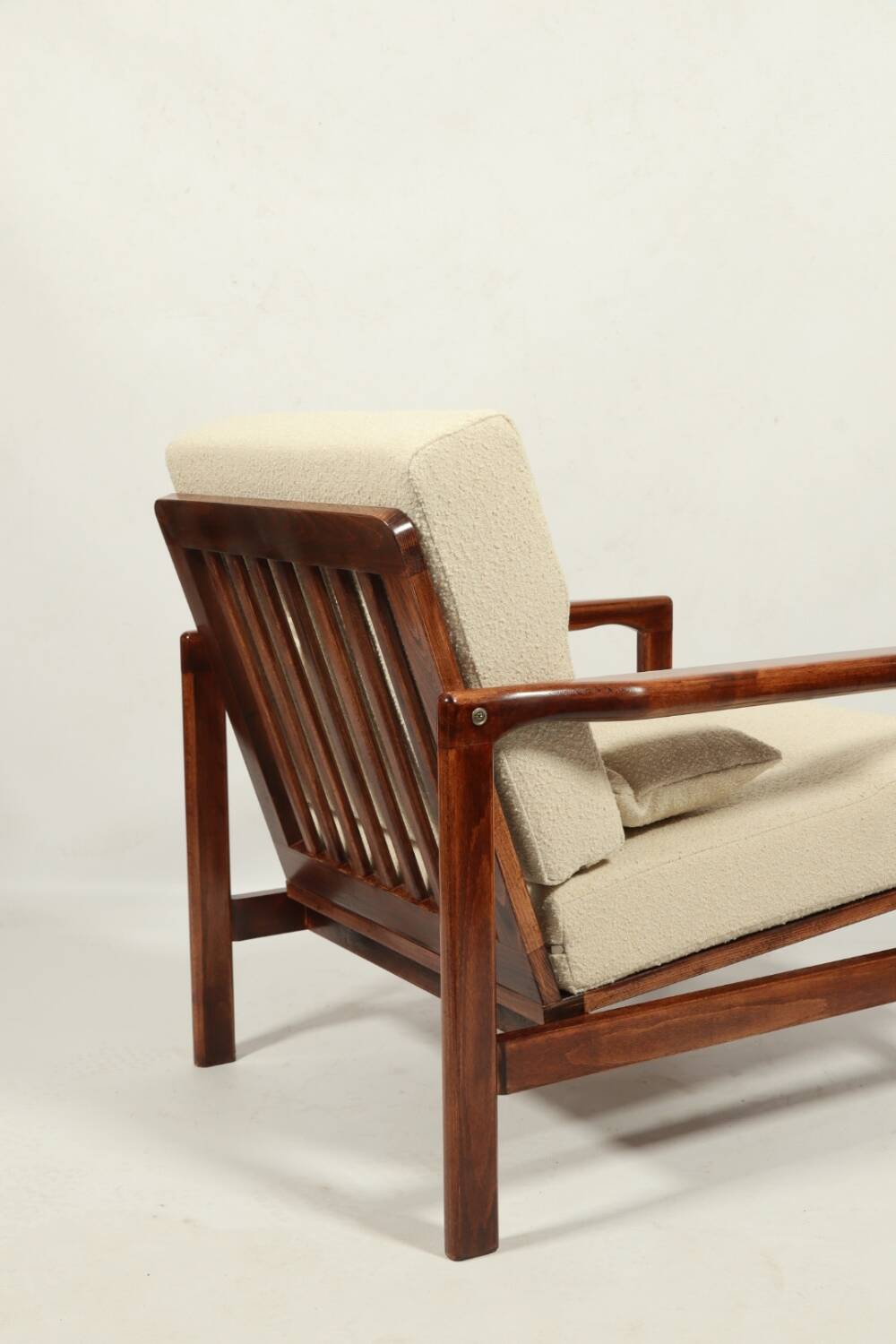 Vintage dark wood beige bouclé armchair by Z.Baczyk 1965