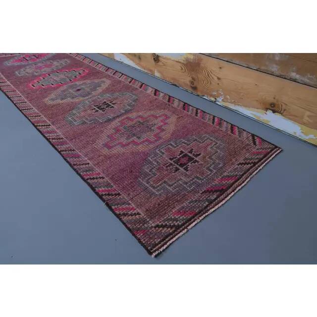 1960s Purple Pink Natural Turkish Hand-Knotted Runner Rug 81x327