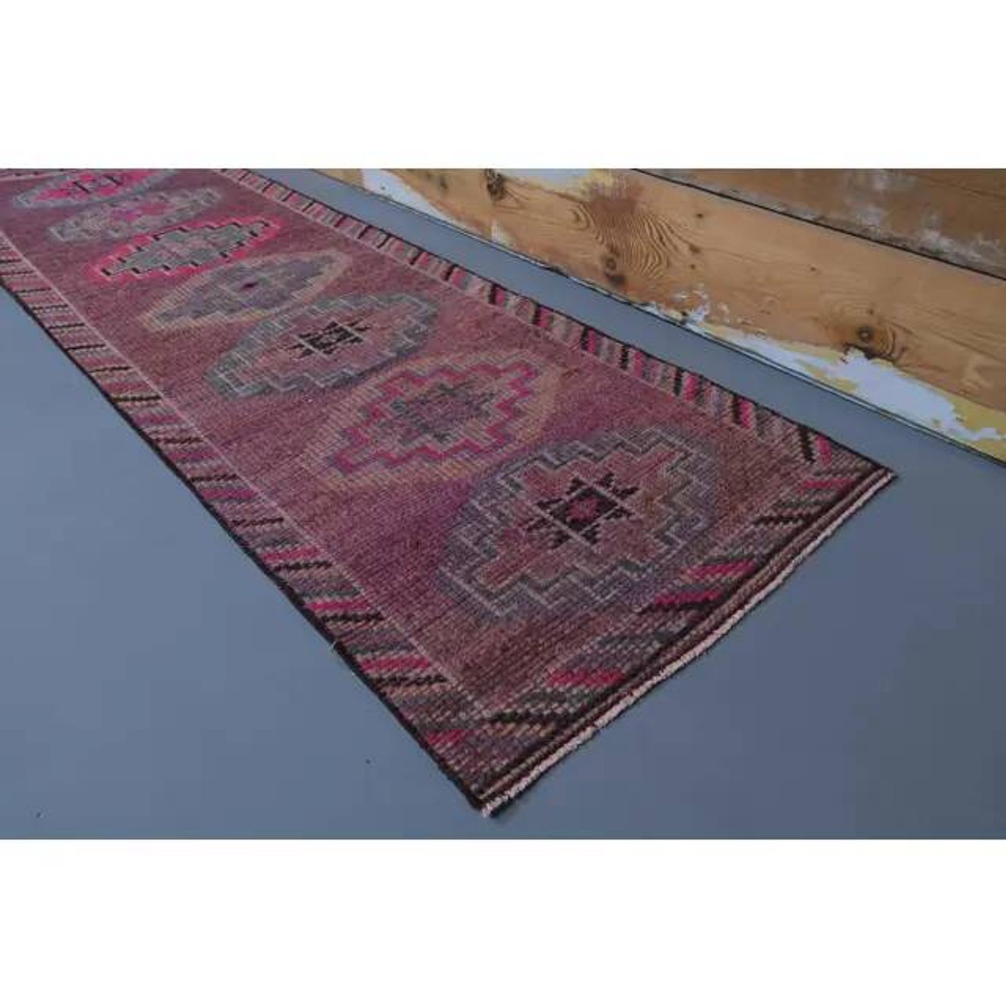 1960s Purple Pink Natural Turkish Hand-Knotted Runner Rug 81x327