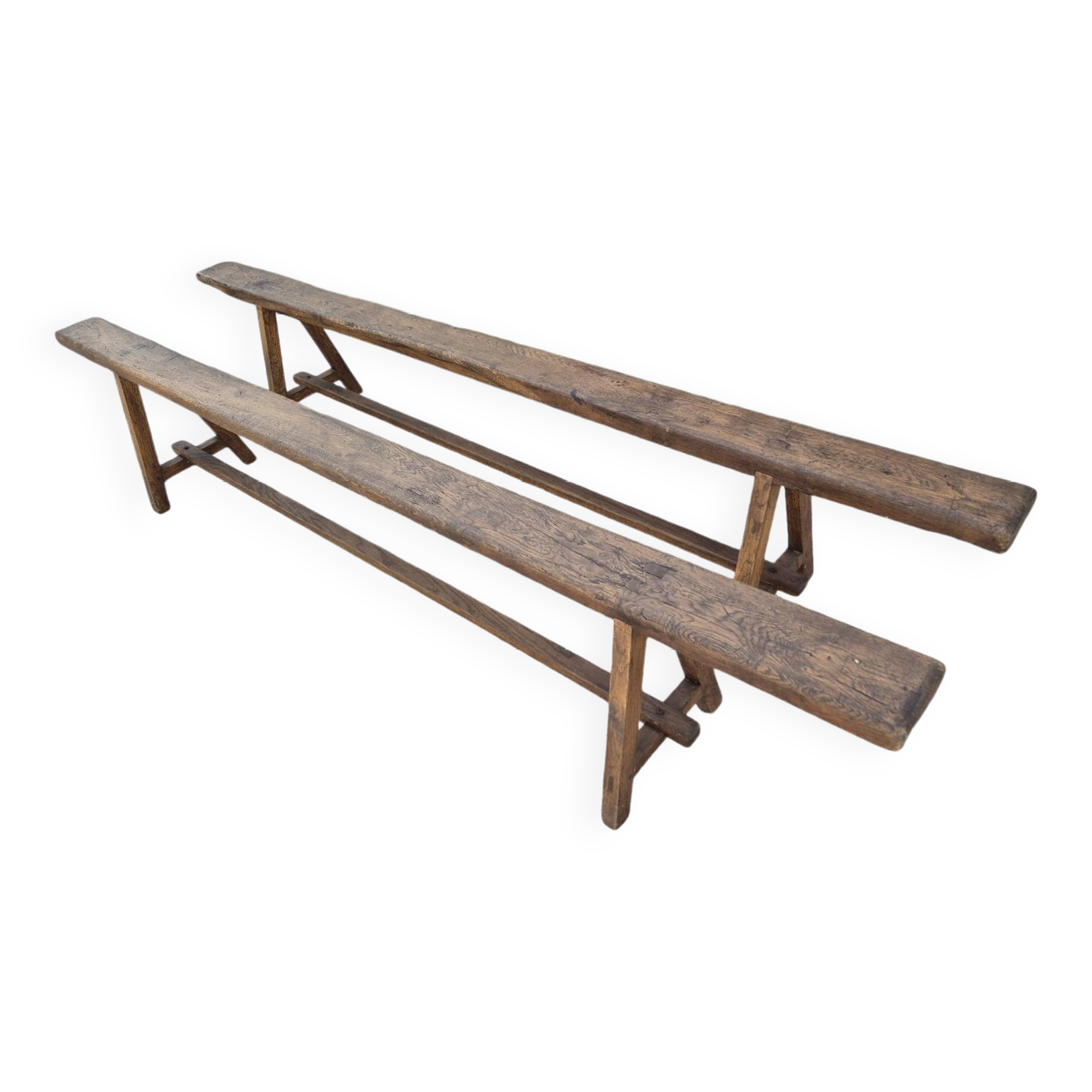 Pair of rustic solid oak farm benches 19th century - 2m90