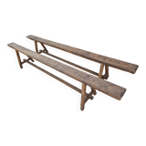 Pair of rustic solid oak farm benches 19th century - 2m90