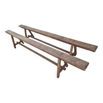 Pair of rustic solid oak farm benches 19th century - 2m90