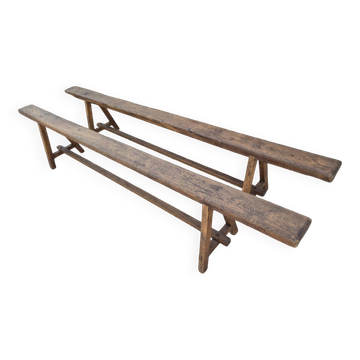 Pair of rustic solid oak farm benches 19th century - 2m90