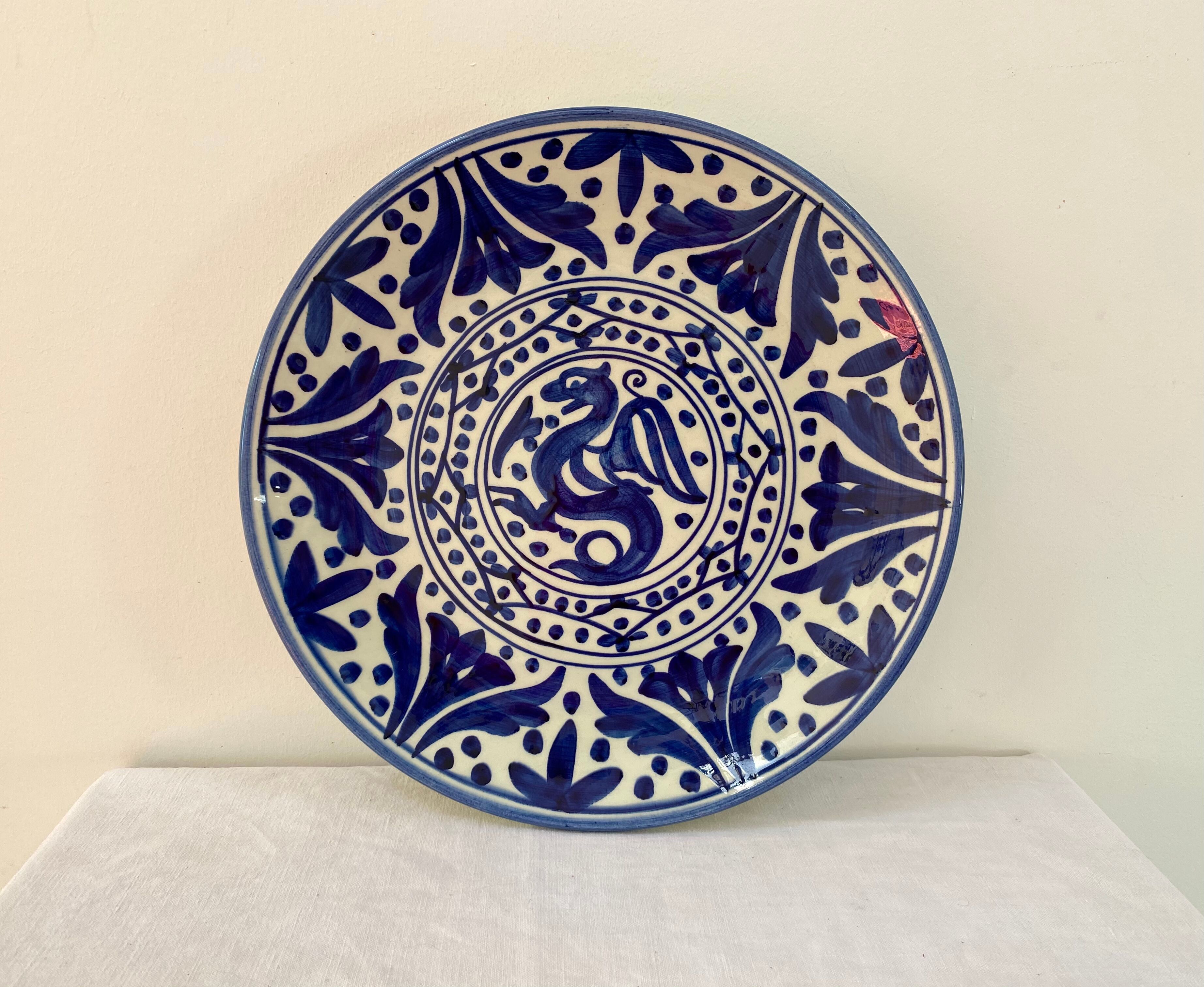Large service dish blue dragon decoration