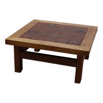 Table basse en céramique et chêne, années 1960