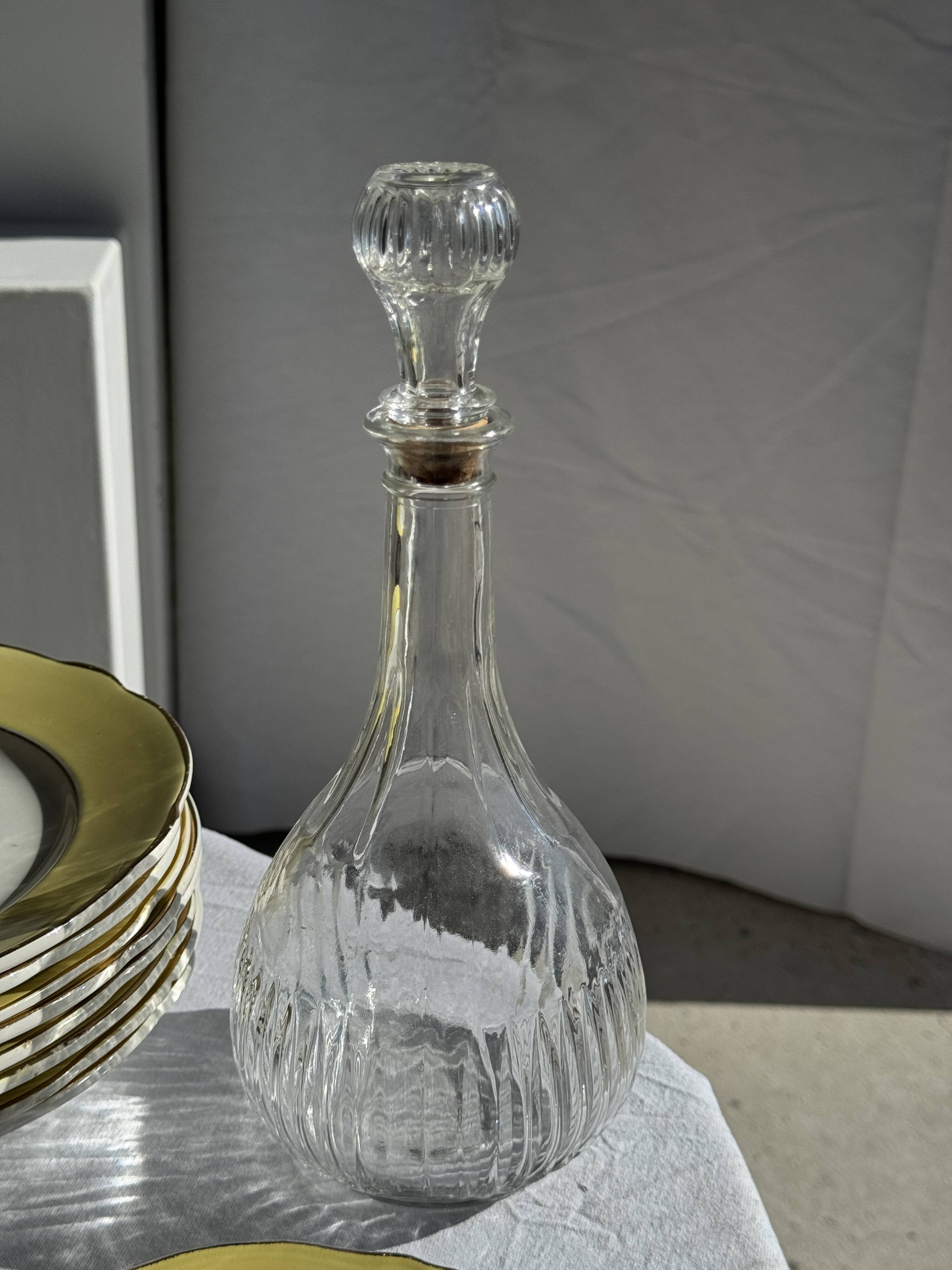 Vintage round-shaped glass carafe with cork stopper H27