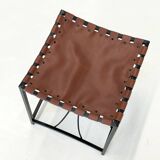 French elegant vintage stool with black metal and brown leather