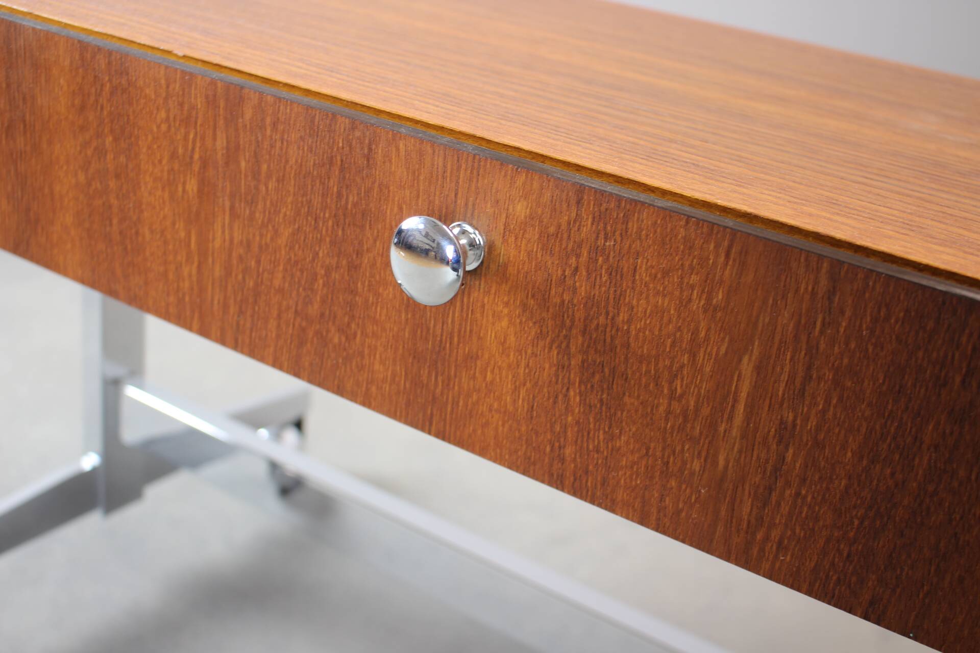 Restored Danish teak rolling media console, 1970s.