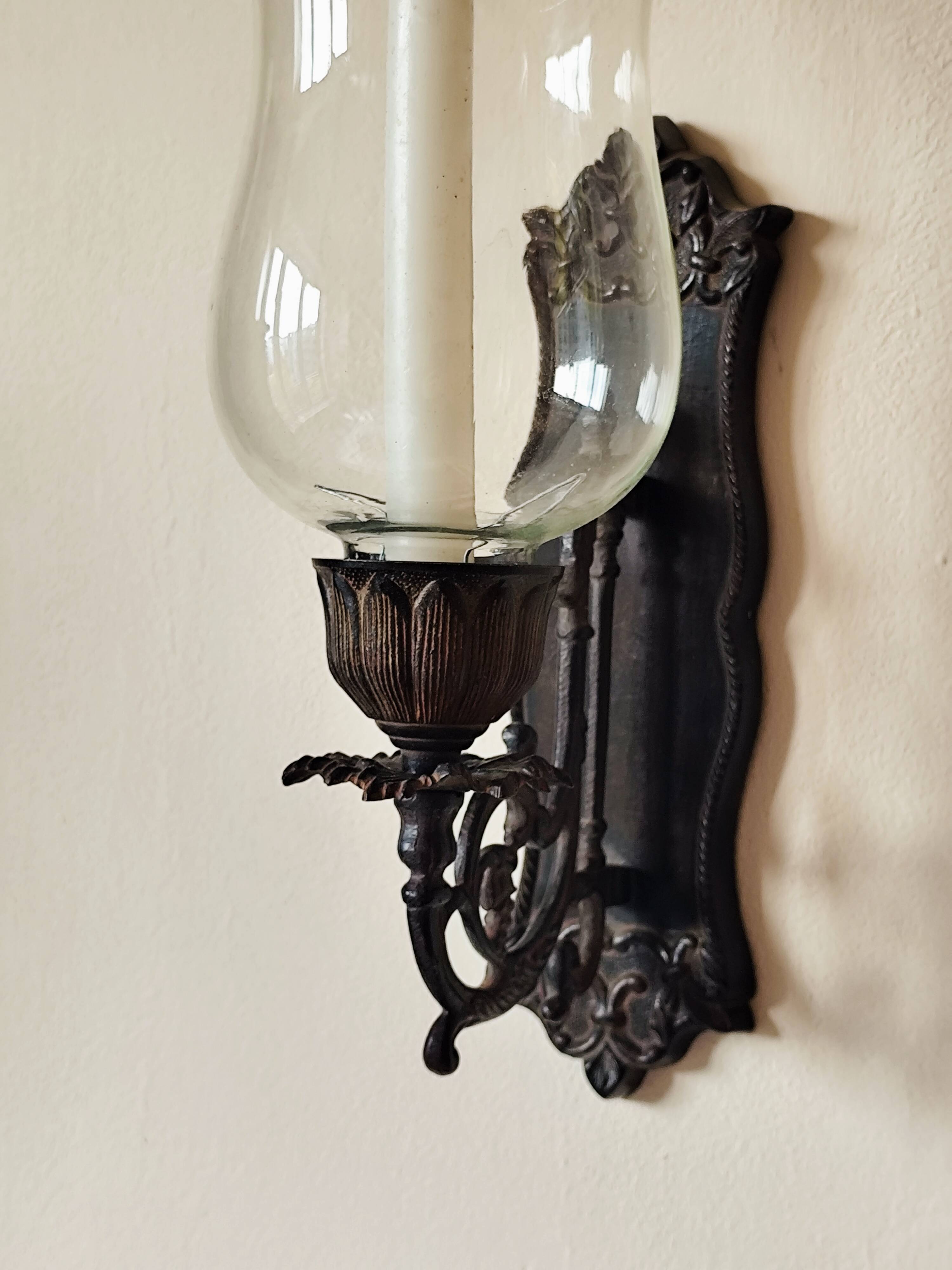 Wrought iron wall light - wall candle holder and glass tulip