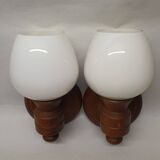 Set of vintage globe opaline wall lights wooden support