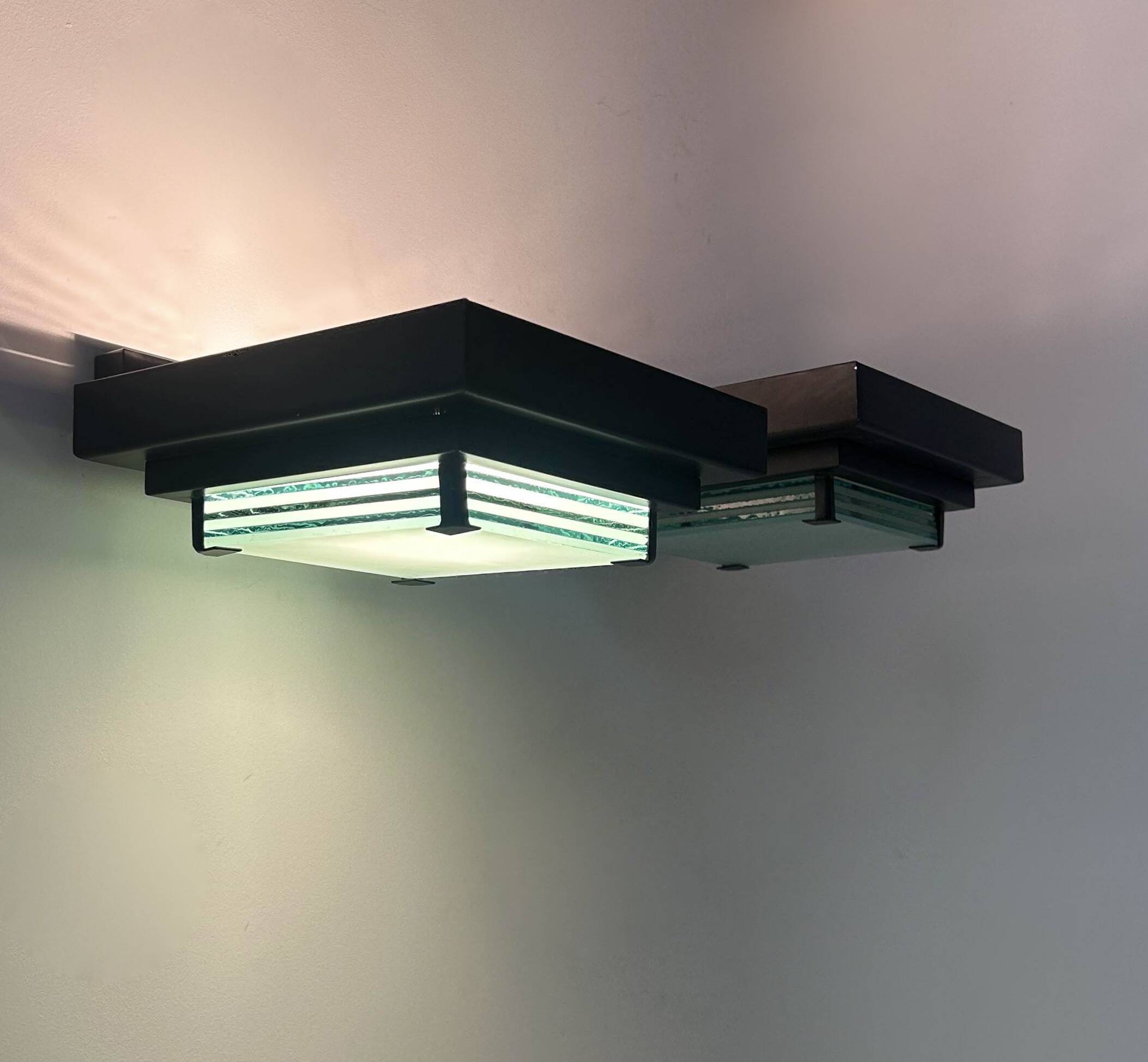 Pair of vintage post modernist wall lights, glass and sandblasted glass, France 1980