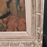 Old painting portrait of a woman with a flowered hat