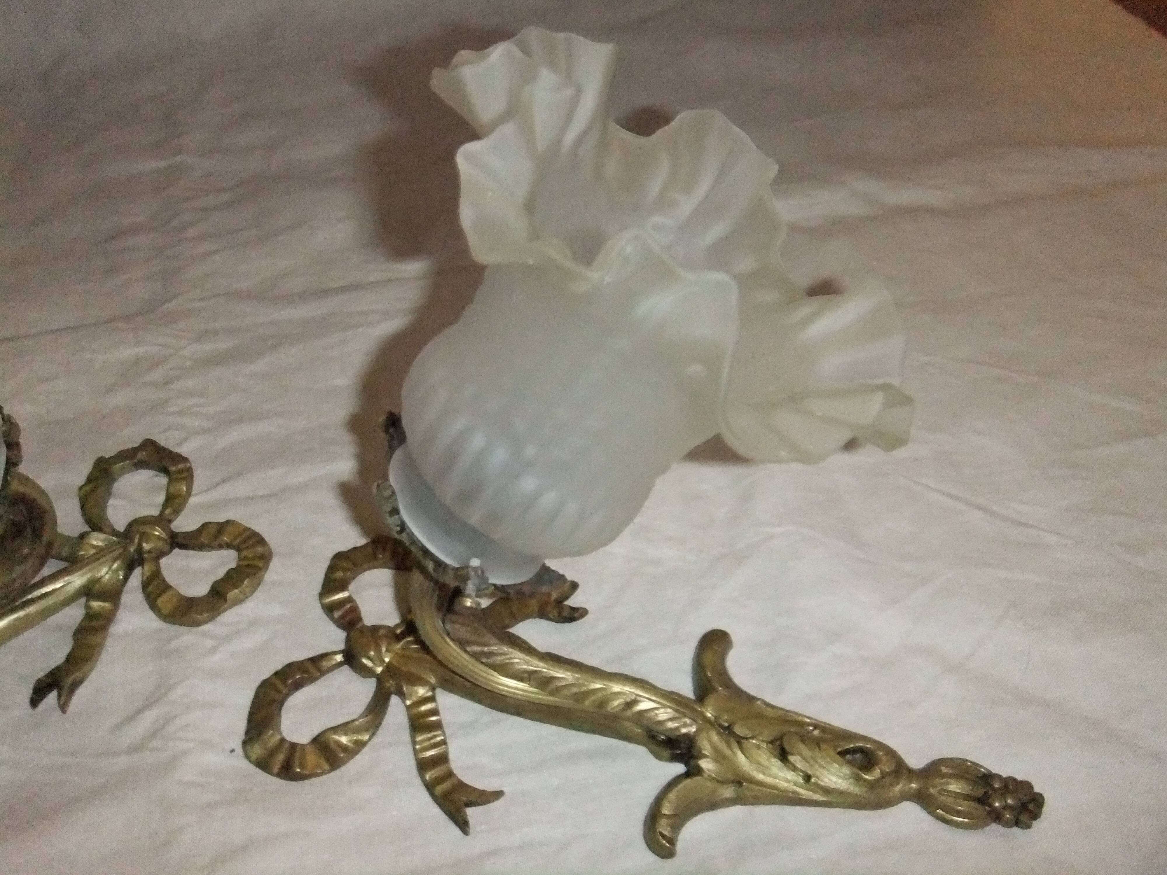 Pair applies Louis XVI Bronze opaque tulip light