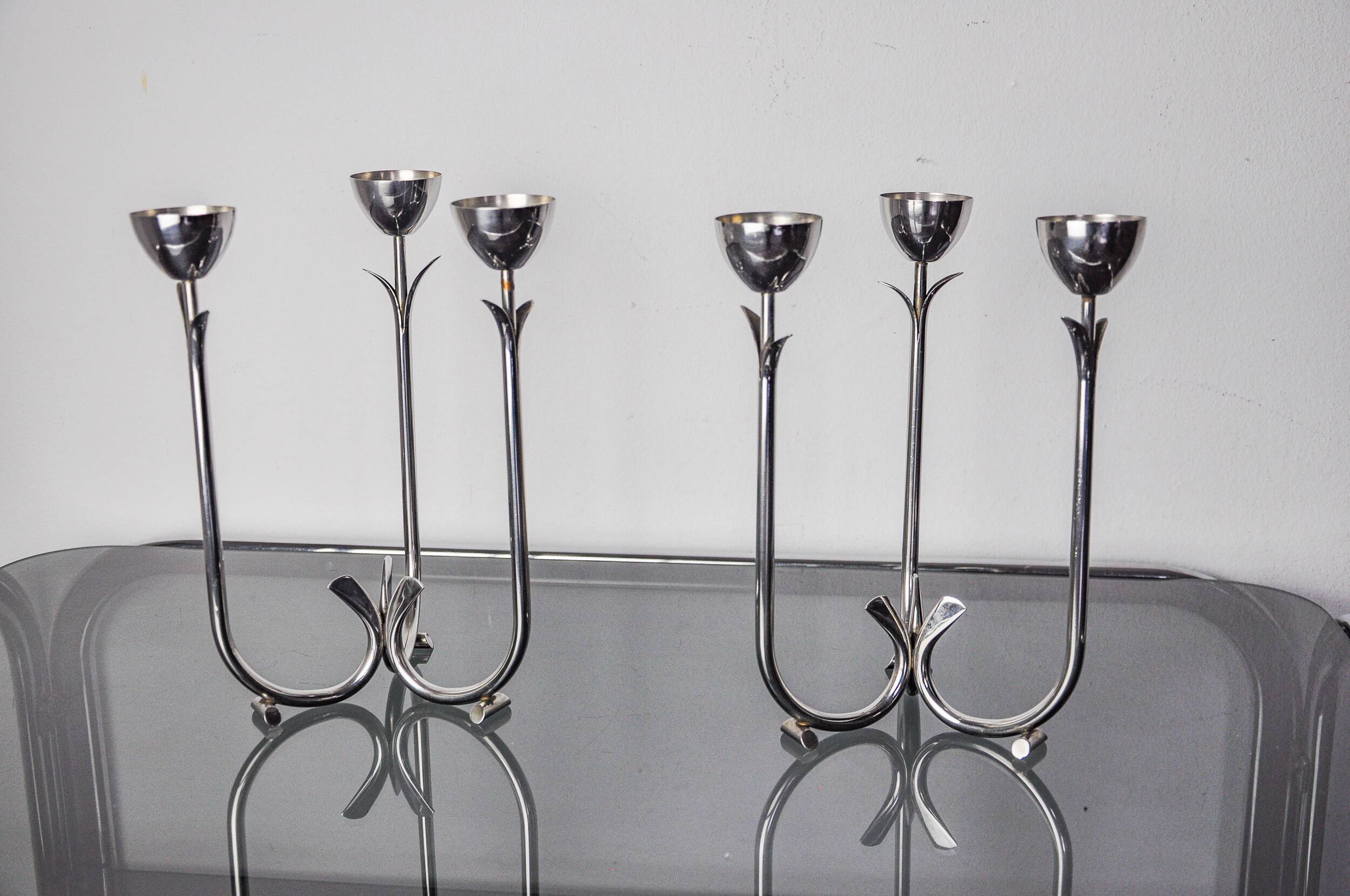 Pair of art deco stainless steel 3-flame candlesticks, Spain, 1970