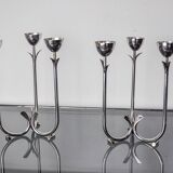 Pair of art deco stainless steel 3-flame candlesticks, Spain, 1970