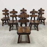 Spanish design vintage brutalist oak dining set chairs & table