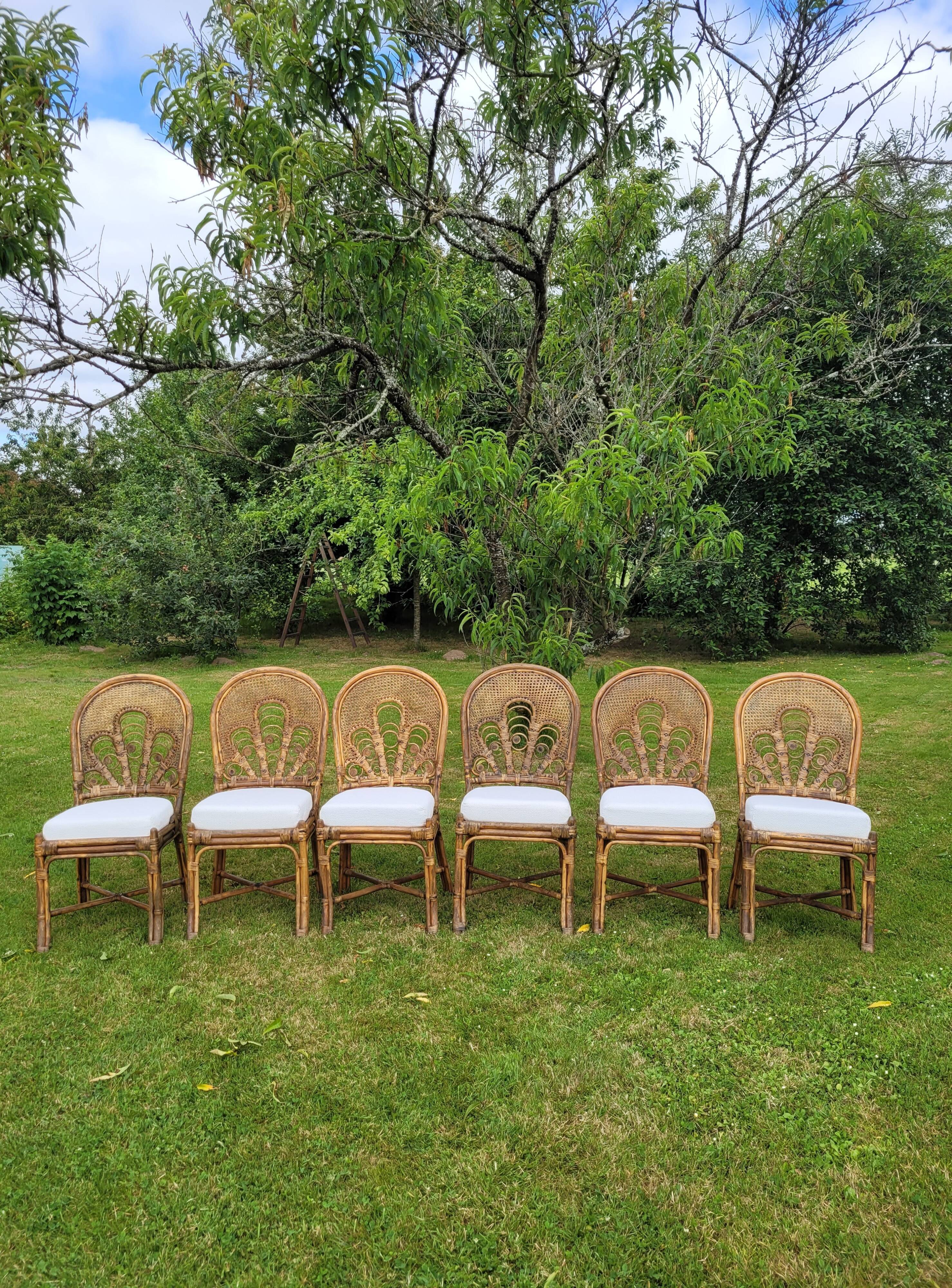 6 Vintage Emmanuelle Peacock Rattan Chairs