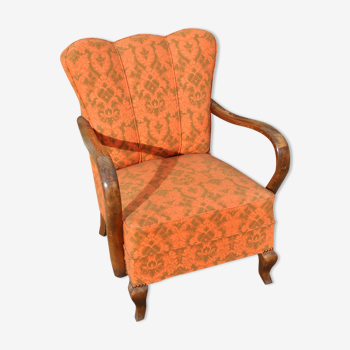 Vintage 1950 Bridge armchair in wood and mandarin and khaki arabesque fabrics