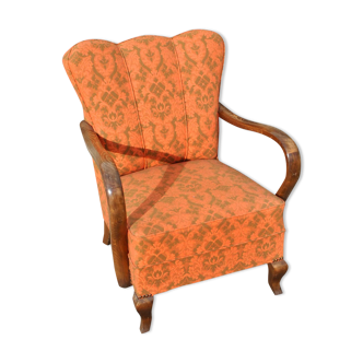 Fauteuil Bridge vintage 1950 en bois et tissus arabesque mandarine et kaki