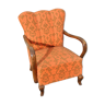 Vintage 1950 Bridge armchair in wood and mandarin and khaki arabesque fabrics