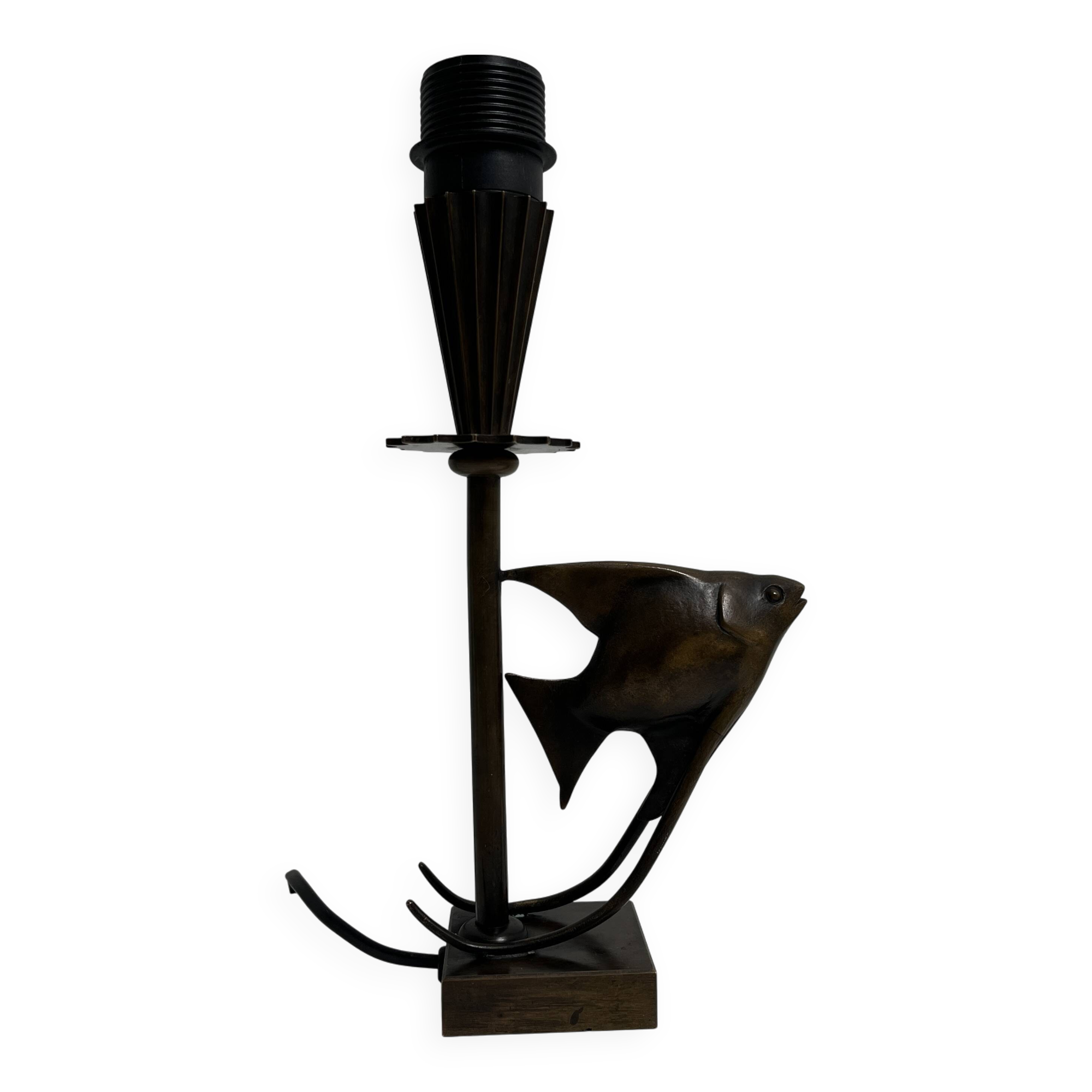Bronze lamp base with fish decoration in Art Deco style Reussner Switzerland