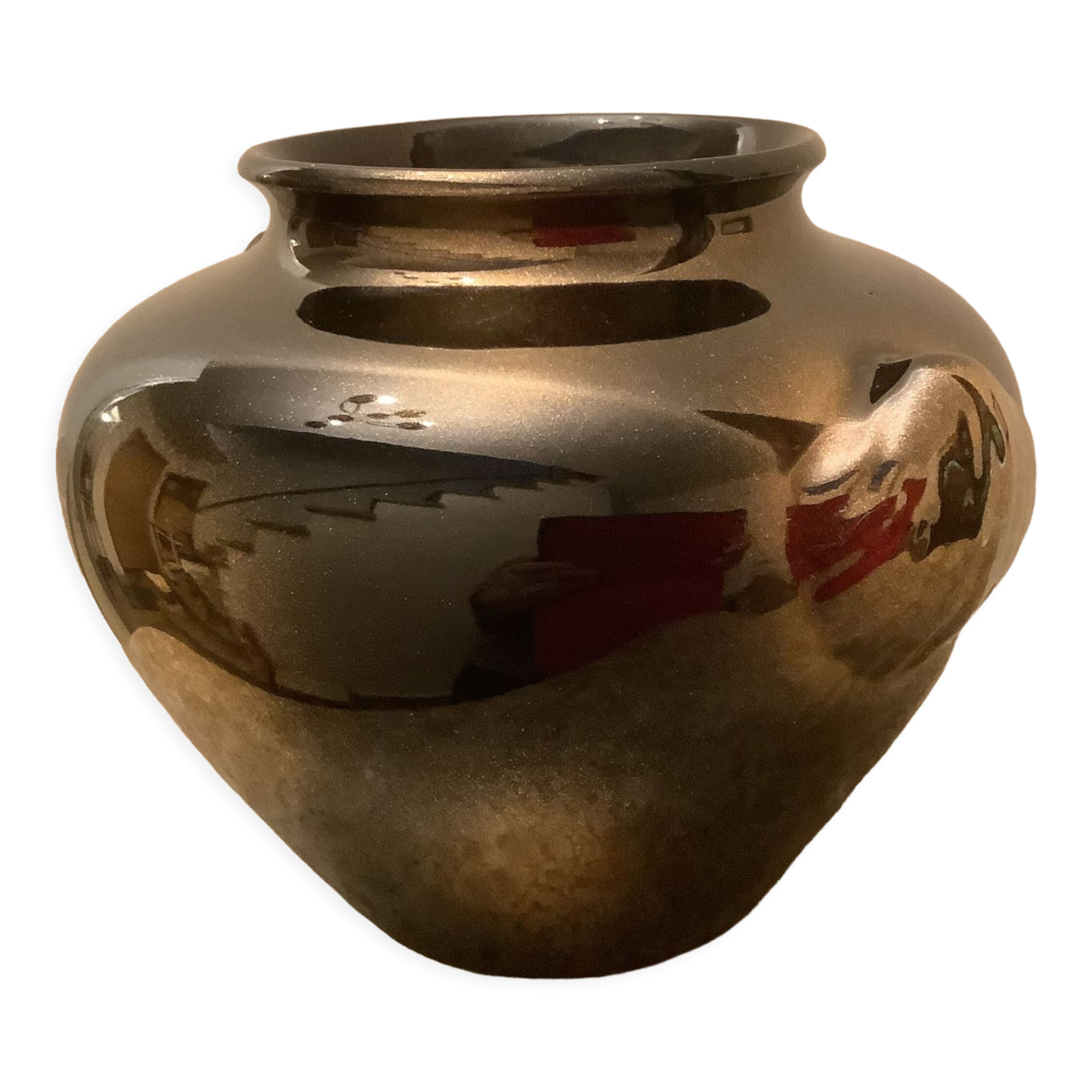 Old gilded brown iridescent vase W Germany handles scallops