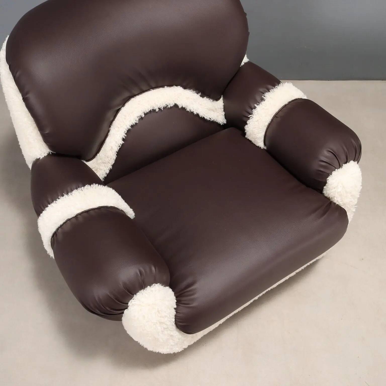 Pair of vintage armchairs in faux leather, foam, design, Italy, 1970s