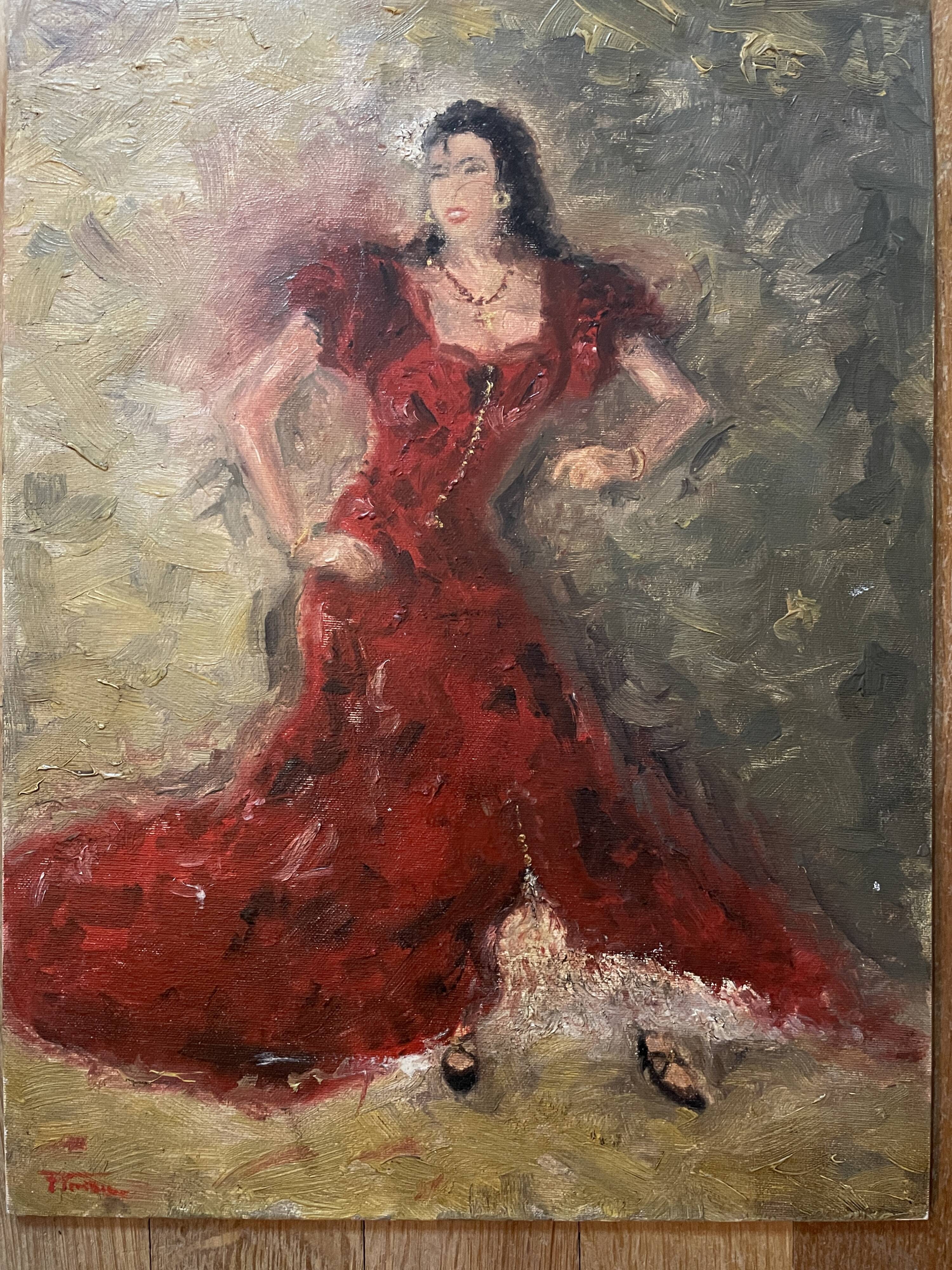 Signed oil painting on cardboard canvas "Flamenco dancer"