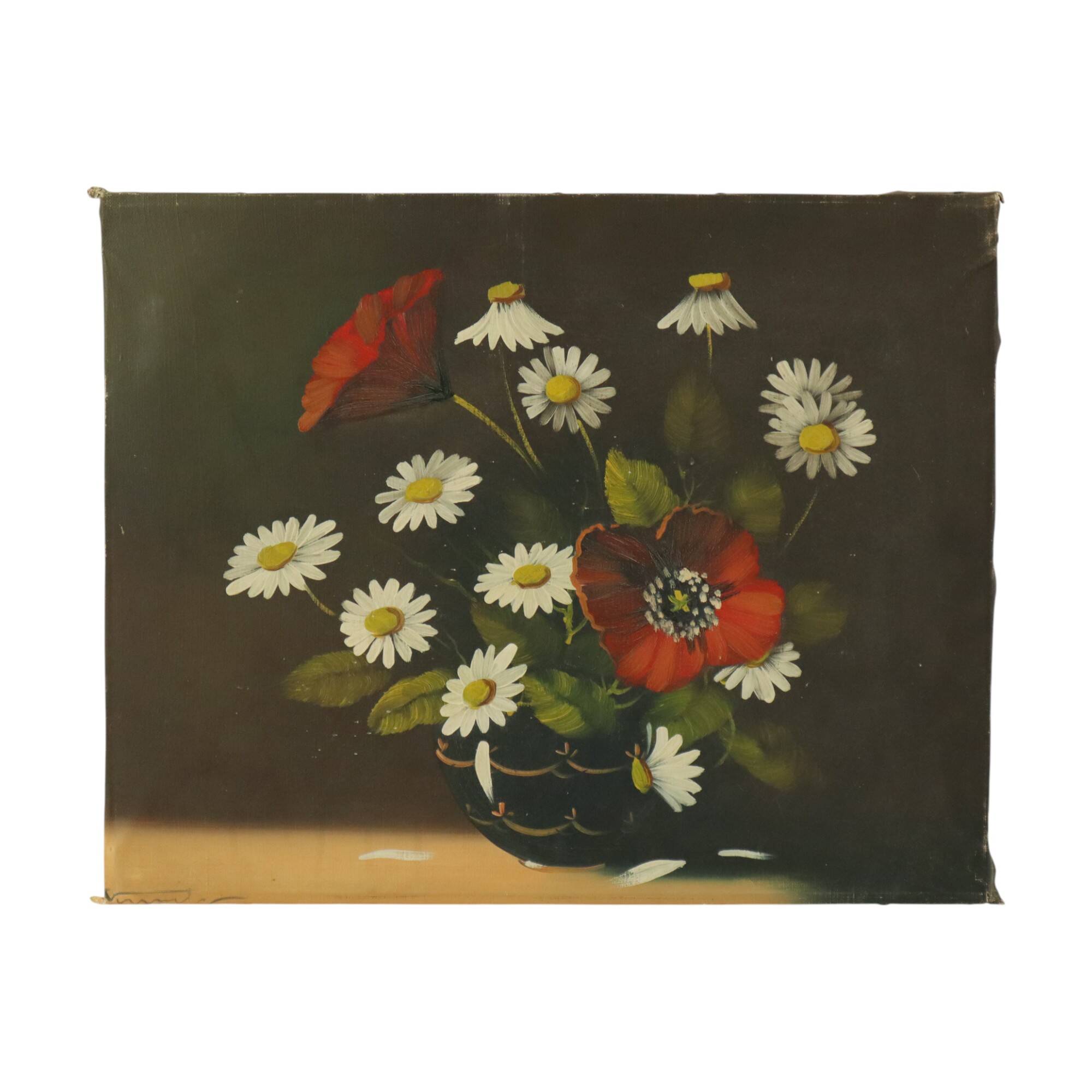 Flowers Still Life Painting Daisies Poppy Signed 47x38cm