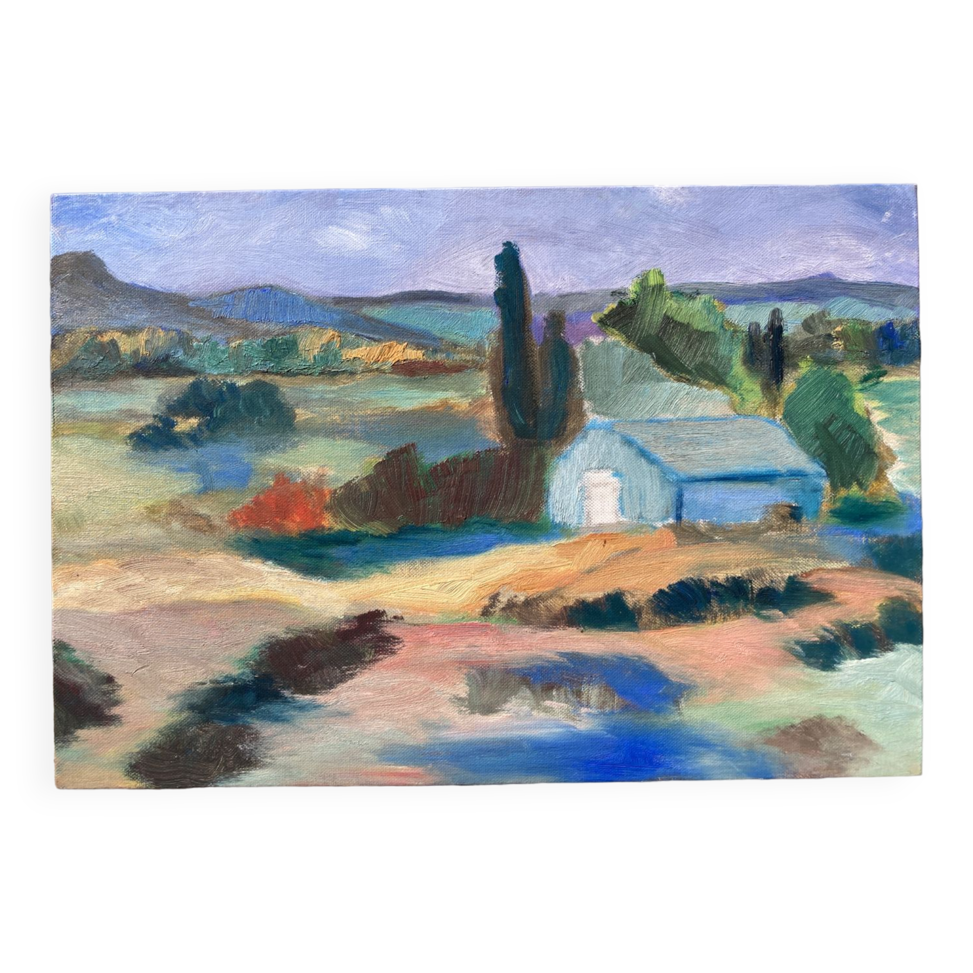 Mediterranean Provencal landscape / expressionist painting / oil painting on wood panel
