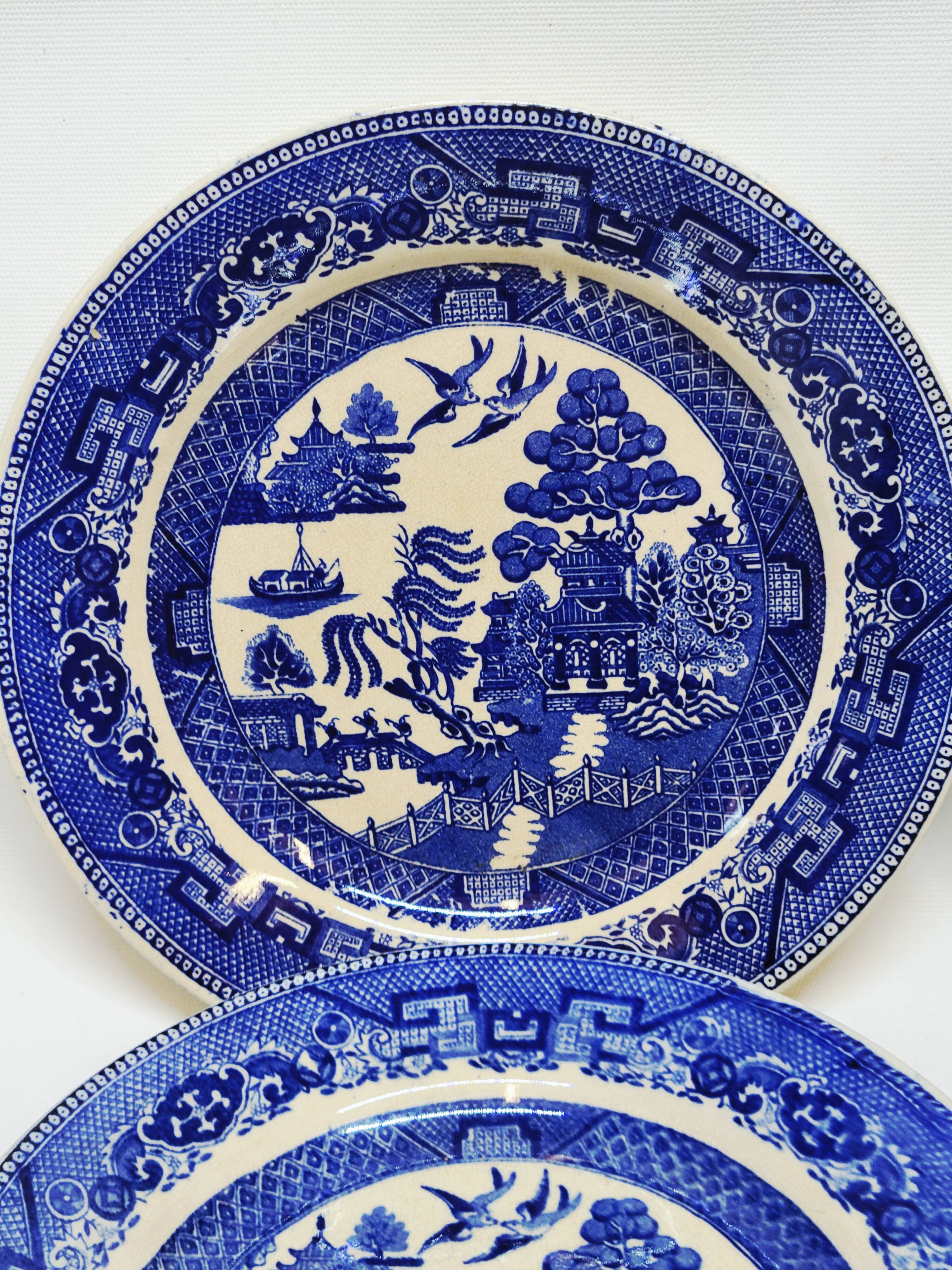 9 Antique Plates 19th Century Blue Willow Pattern Chinese Blue Decor