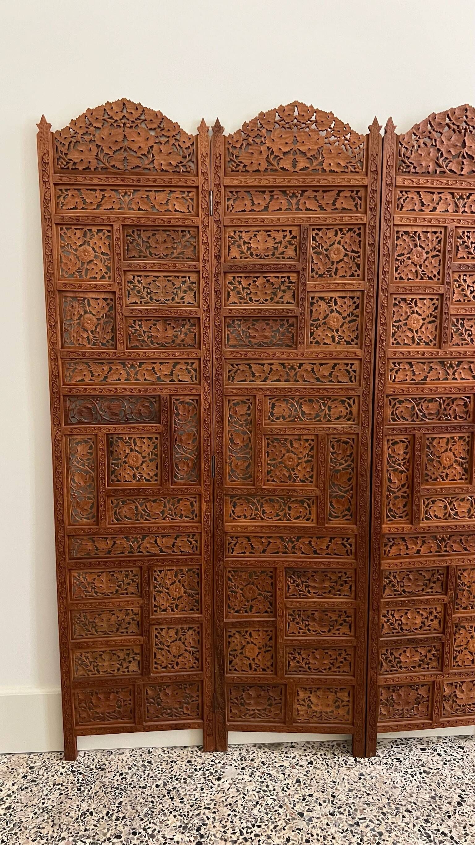 Vintage Asian carved teak screen — mid-20th century
