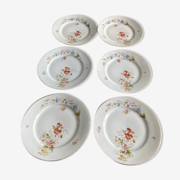 Set of 6 dessert plates in antique porcelain with hand-painted flowers