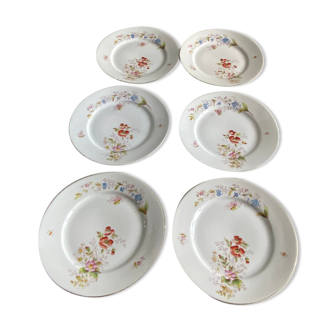 Set of 6 dessert plates in antique porcelain with hand-painted flowers