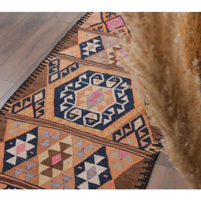 1970s Vintage Turkish Hand-Knotted Wool Cotton Brown Runner Rug 91x355