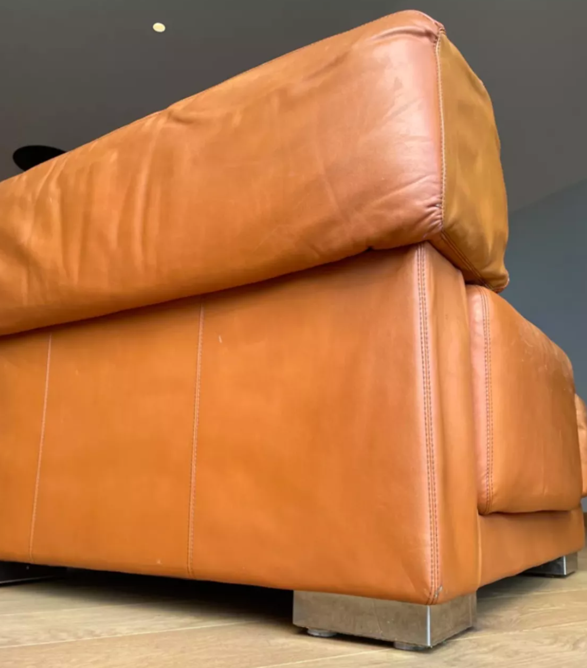 Vintage 3-seater sofa Gérard Guermonprez fawn and stainless steel leather, France 1970