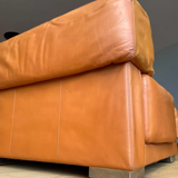 Vintage 3-seater sofa Gérard Guermonprez fawn and stainless steel leather, France 1970