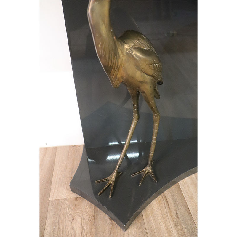 Vintage lacquered wooden console decorated with brass herons 1970
